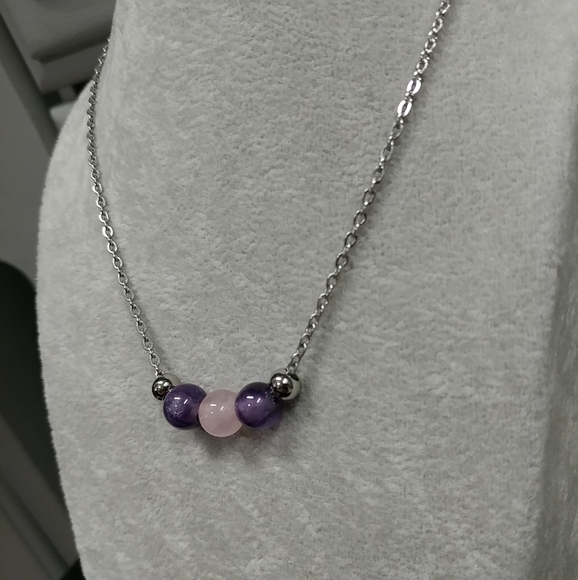 Amethyst Rose Quartz Three Bead Necklace Natural Gemstone Crystal StainlessSteel - Picture 7 of 12